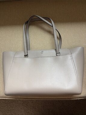 Tory Burch Pebbled Leather Double-Handle Tote in Light Gray